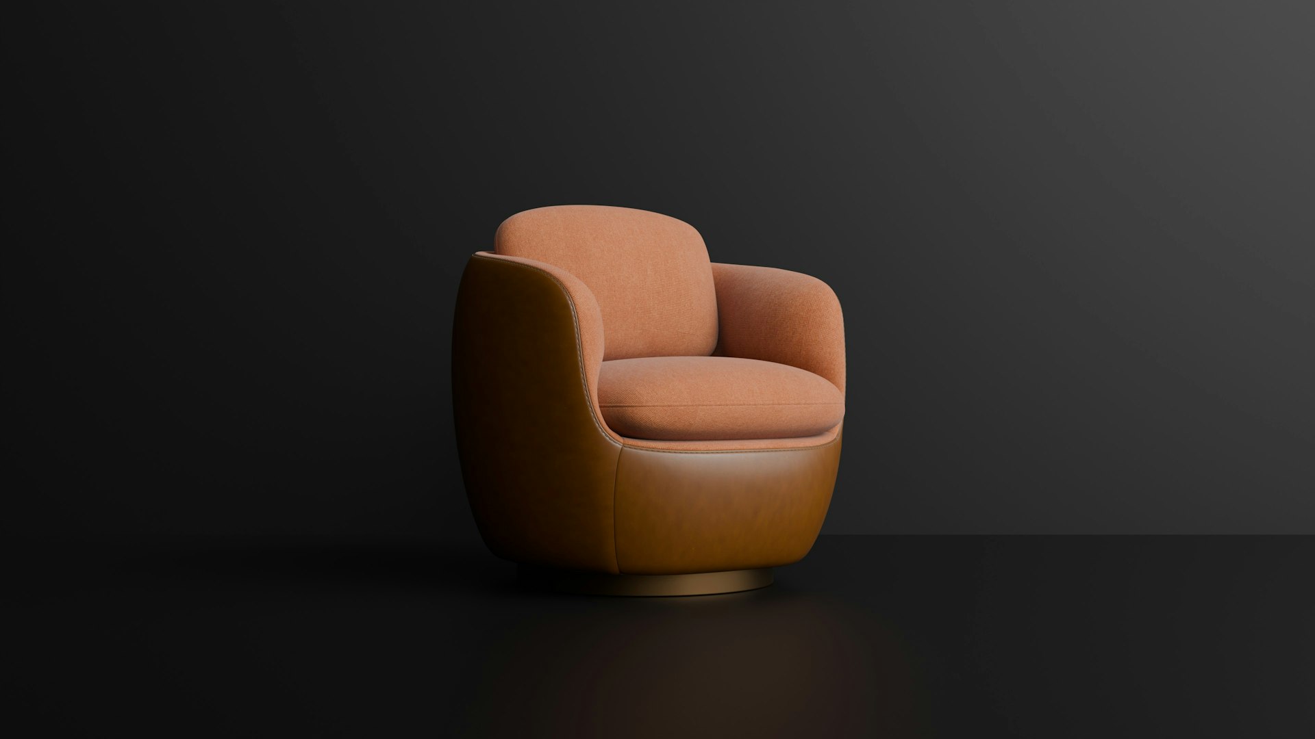 A modern orange armchair on a dark background